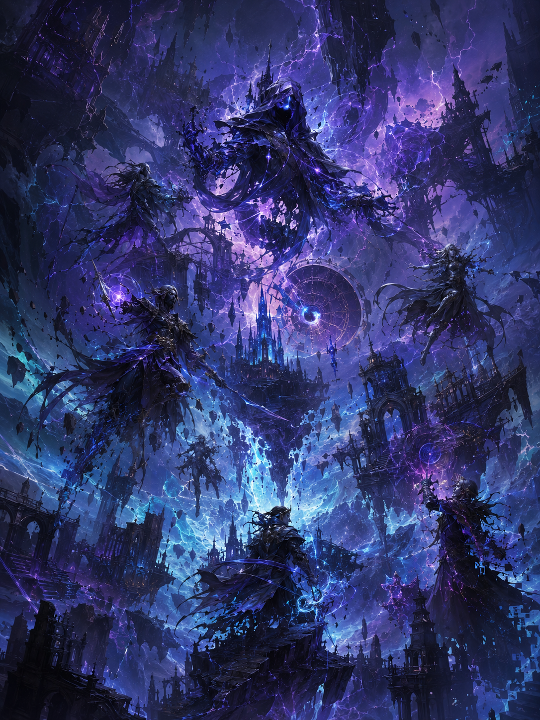 Blue and violet lightning spellcasters above floating gothic ruins