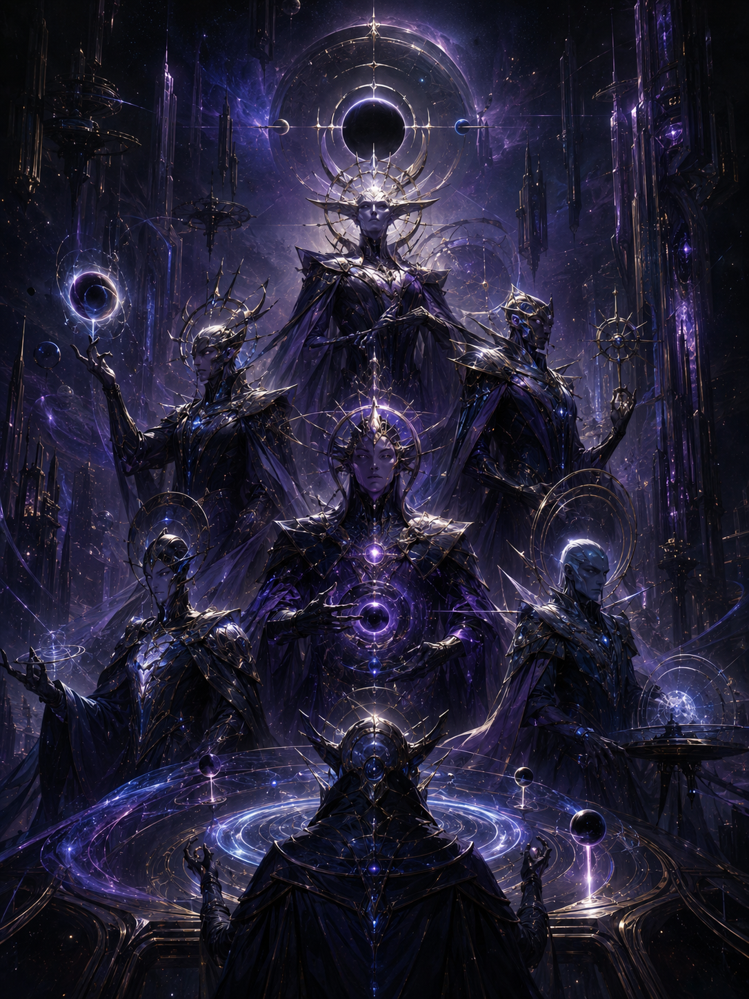 Violet cosmic mystics crowned with halos amid orbiting arcane machinery