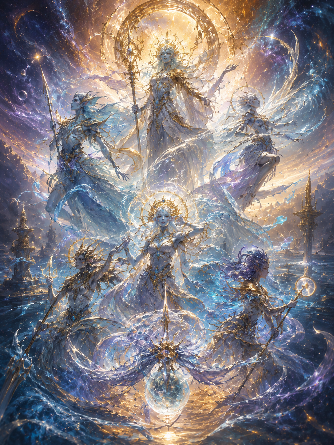 Radiant white and gold deities wreathed in light above a glowing sea