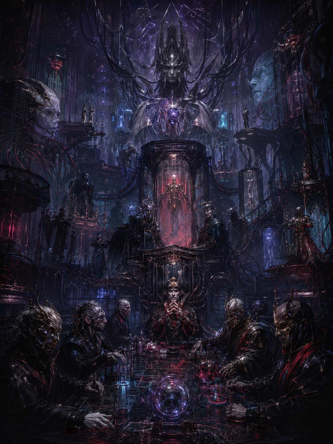 A gothic council of crimson and violet figures around a glowing arcane table