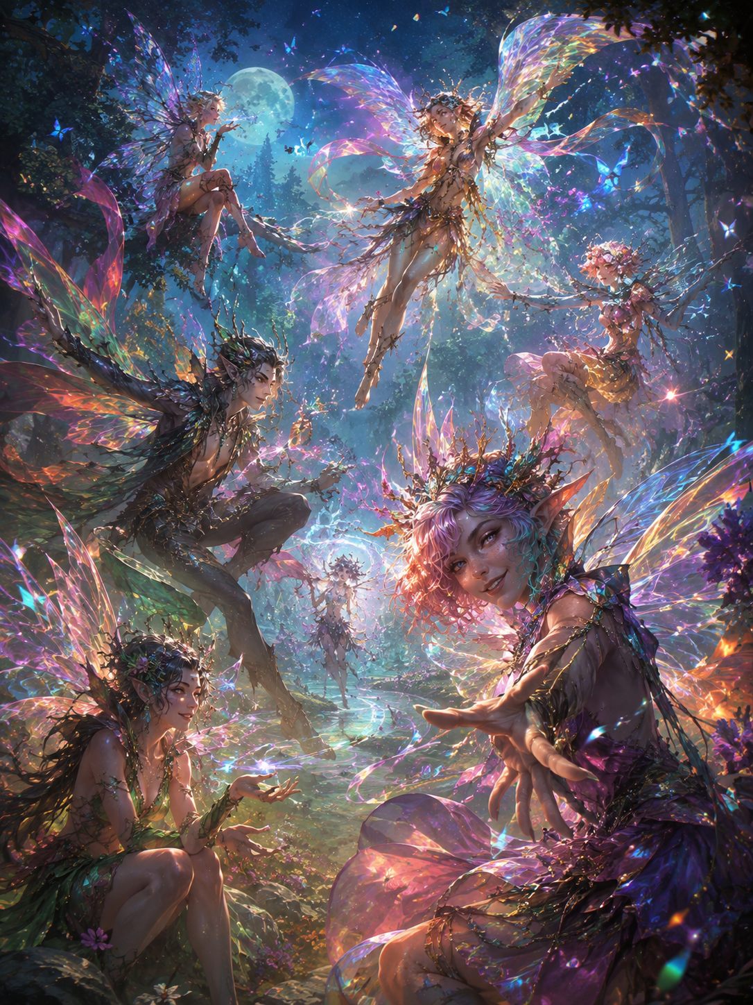 Iridescent winged fae gathered in a moonlit, color-drenched enchanted forest