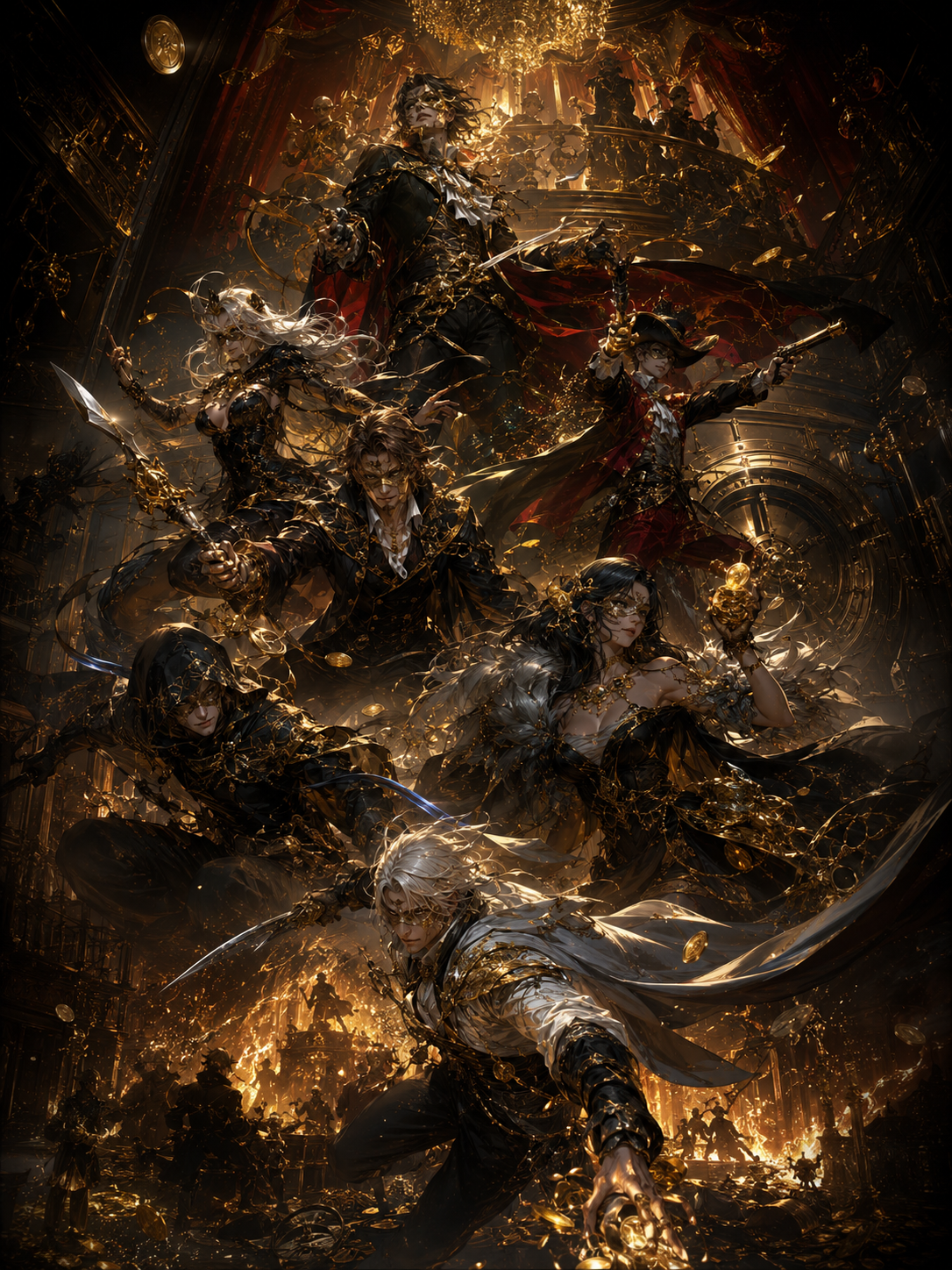 Masked nobles in black and gold gathered in an opulent candlelit vault