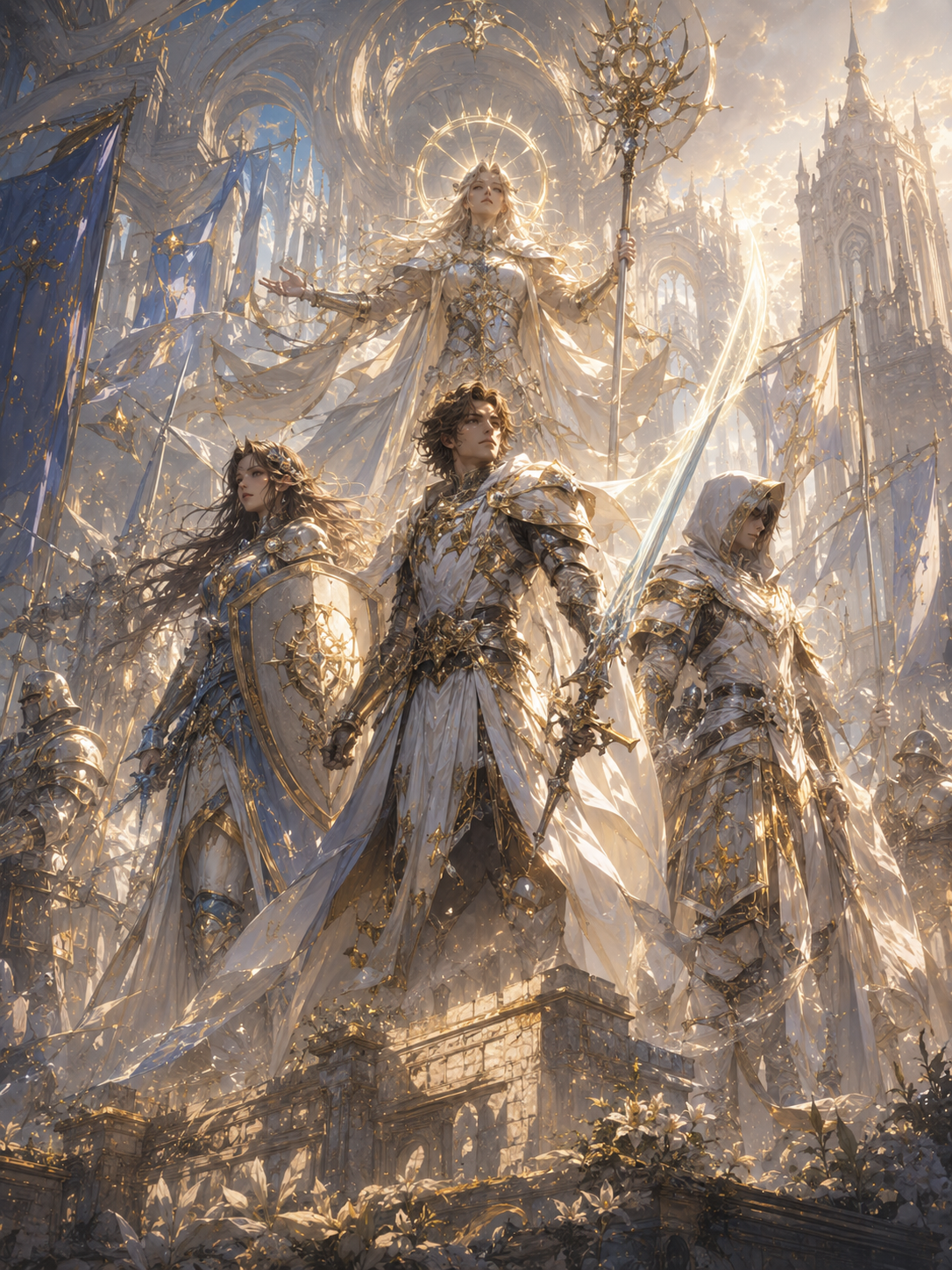 Gilded paladins in white and gold armor before a luminous cathedral