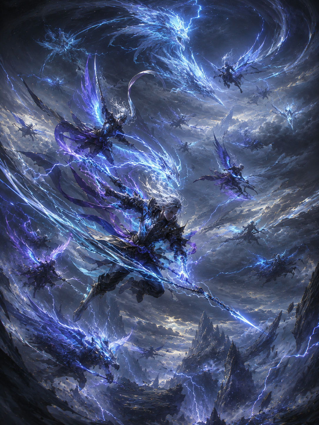 A storm champion wielding a spear of blue lightning amid soaring electric beasts