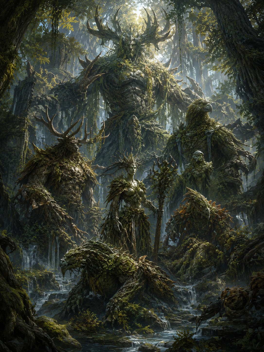 Mossy forest guardians and beast-spirits standing in a sunlit ancient wood