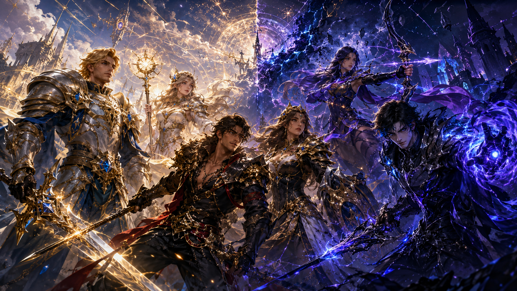 Mythic champions of Triune TCG arrayed between radiant light and arcane shadow